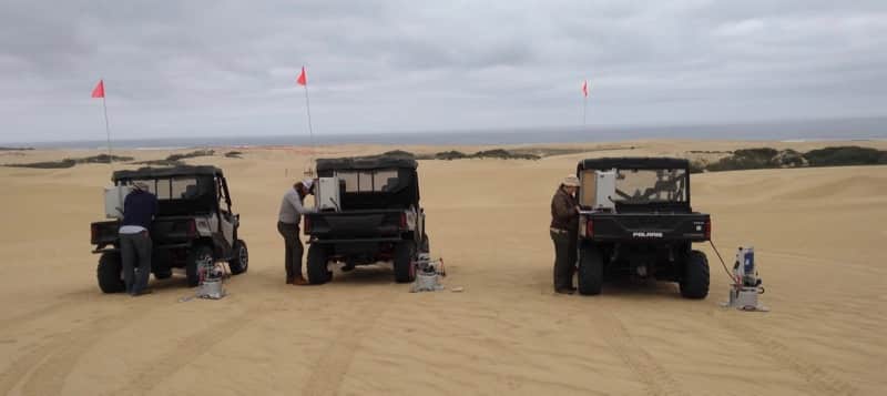 Researchers gather dust emissions data at the Oceano Dunes SVRA using the PI-SWERL. May 2019. Credit: Vic Etyemezian/DRI.