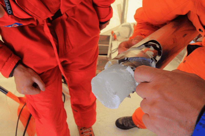 Researchers examine an ice core sample drilled from Mont Blanc. 