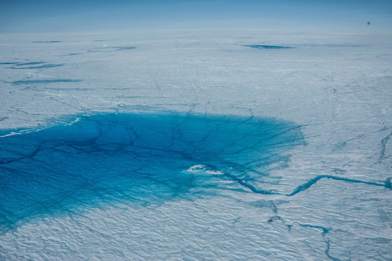 Meltwater lakes on the Greenland ice sheet. Credit: Sarah Das/Woods Hole Oceanographic Institution.