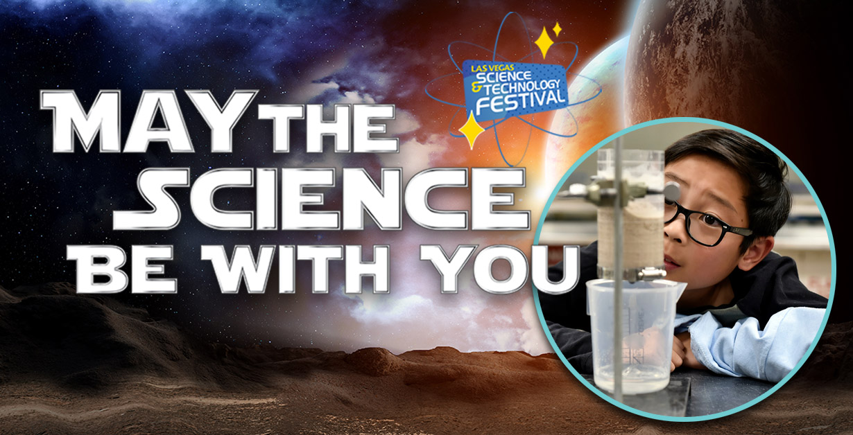 May the Science Be With You with an image of a child looking at a beaker in a lab.