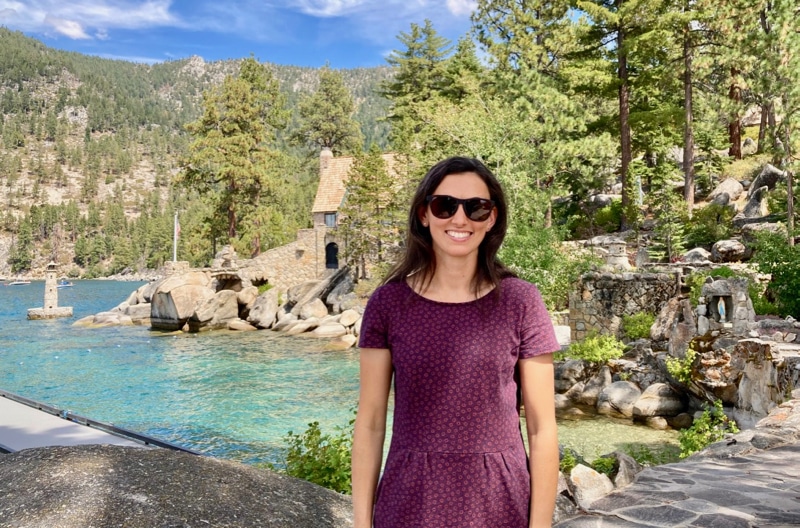 Monica Arienzo, Ph.D., stands near Lake Tahoe.