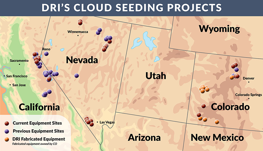 Map of Nevada, California, and Colorado cloud seeding projects.