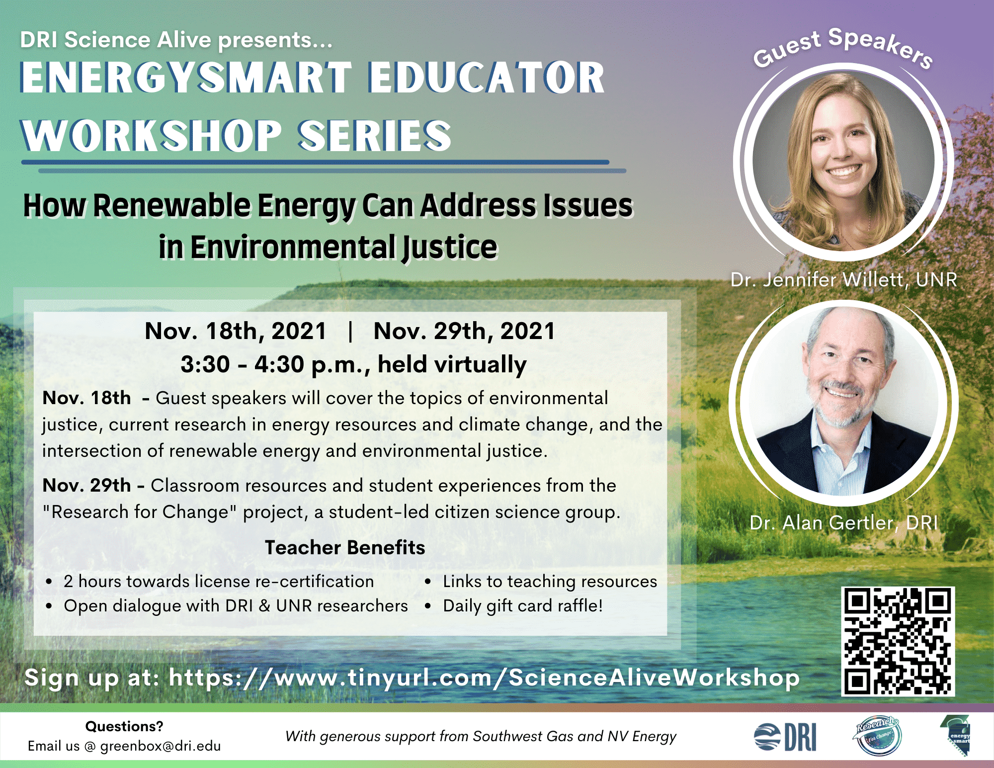 A green and blue flyer detailing the EnergySmart Educator Workshop for November 2021.