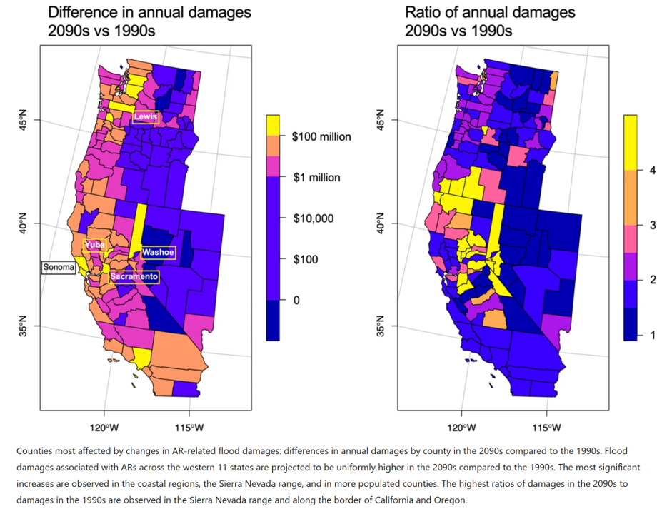 Climate change contributions to future atmospheric river flood damages by county (Corringham et al. 2022)