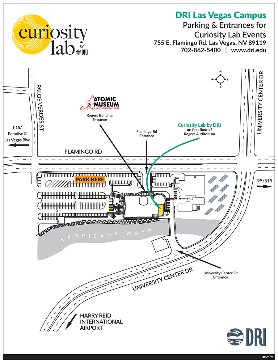 Map showing DRI's Las Vegas Campus where Curiosity Lab will be held along with side streets (Flamingo Rd, Palos Verdes St and University Center Dr).
