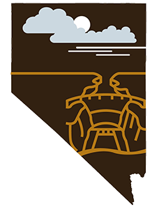 State of Nevada with an illustration of the Hoover Dam and clouds