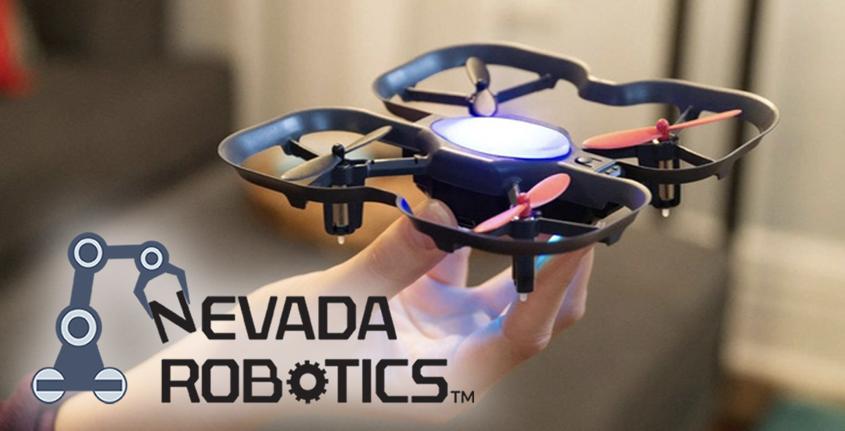 A hand holds up a small drone. The image includes an overlay of the Nevada Robotics logo.