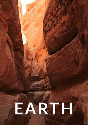 The word Earth over an image from the inside of a canyon with the sun filtering in from above. 