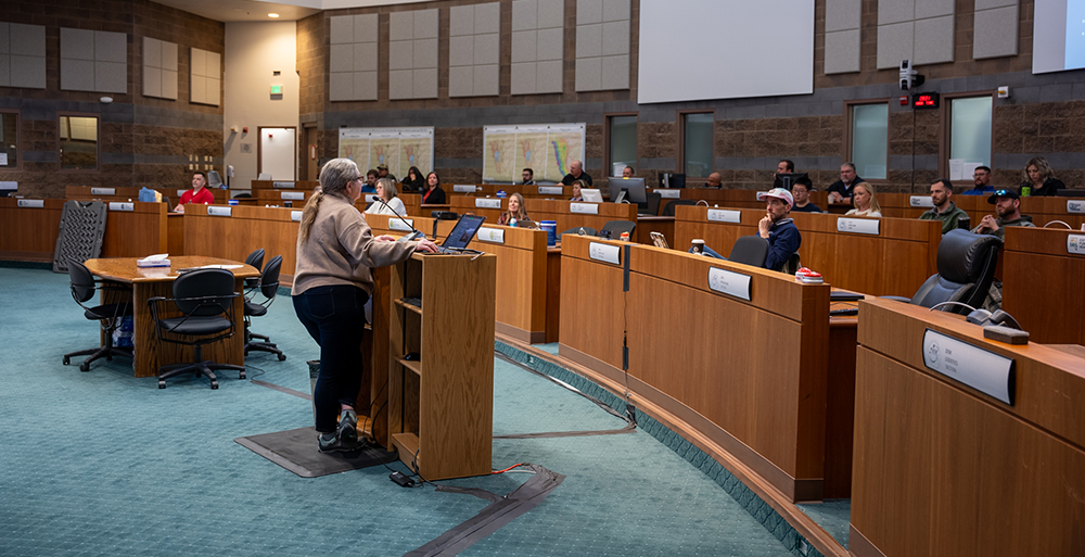 Maureen McCarthy presenting at a podium on emergency management.