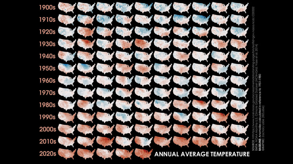 Collage of US Maps showing the annual average temperature from 1900s through 2020s.