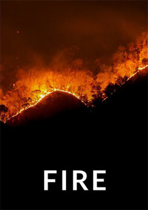 The word Fire over an image of a ridge of wildfire at night. 