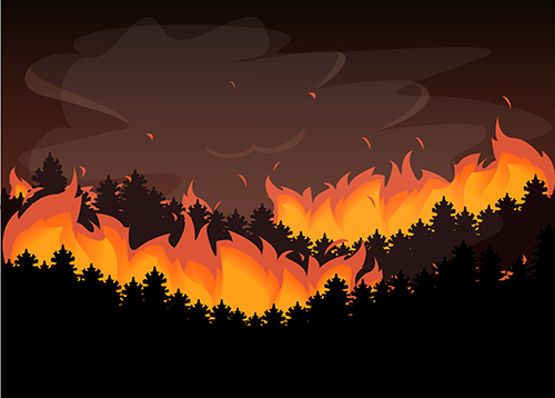 Illustration of fire and smoke in a forest.