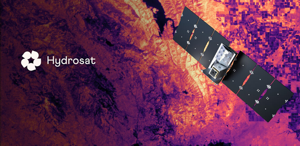 A satellite and Hydrosat Logo appear over a background of a thermal map.