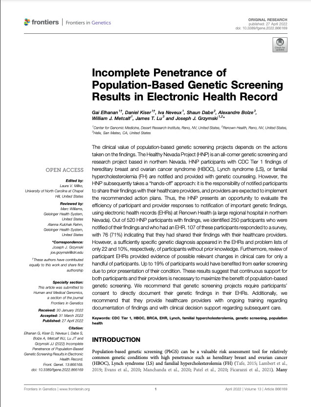 front page of Incomplete Penetrance of Population-Based Genetic Screening Results in Electronic Health Record