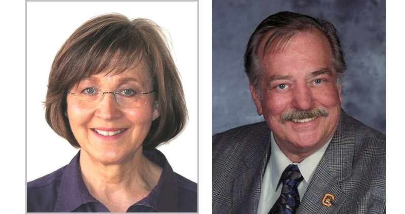 Headshot of Elizabeth wearing glasses and a polo shirt and headshot of John with a mustache and wearing a suit and tie. Both are smiling at the camera.