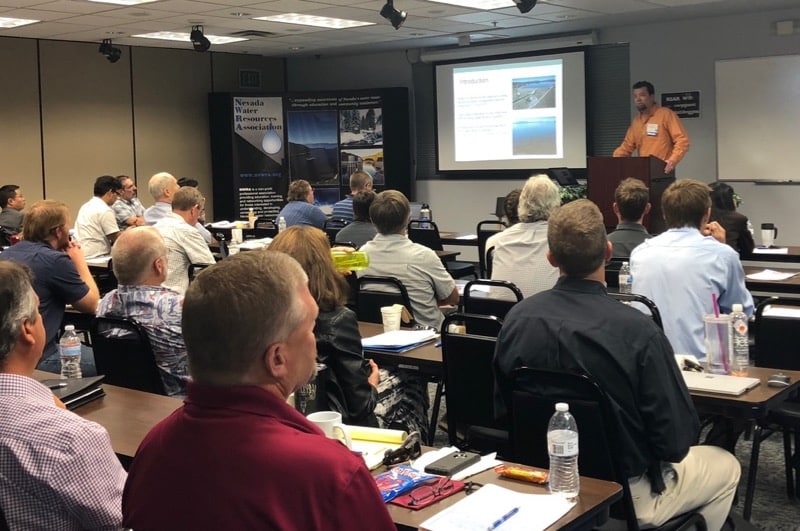 Justin Huntington, Ph.D., presents his research on evaporation at Lake Tahoe, part of the Water for the Seasons project. September 2018. Credit: DRI.