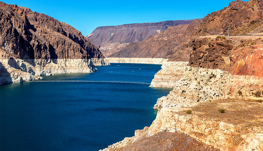Lake Mead looking away from Hoover Dam with the mineral deposits showing on the canyon walls from the low water level.