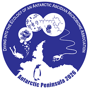 Diving into the Ecology of an An Antarctic Ascidian Microbiome Association Logo showing the outline of Antarctica, a diver, ROV, organisms, and a penguin.