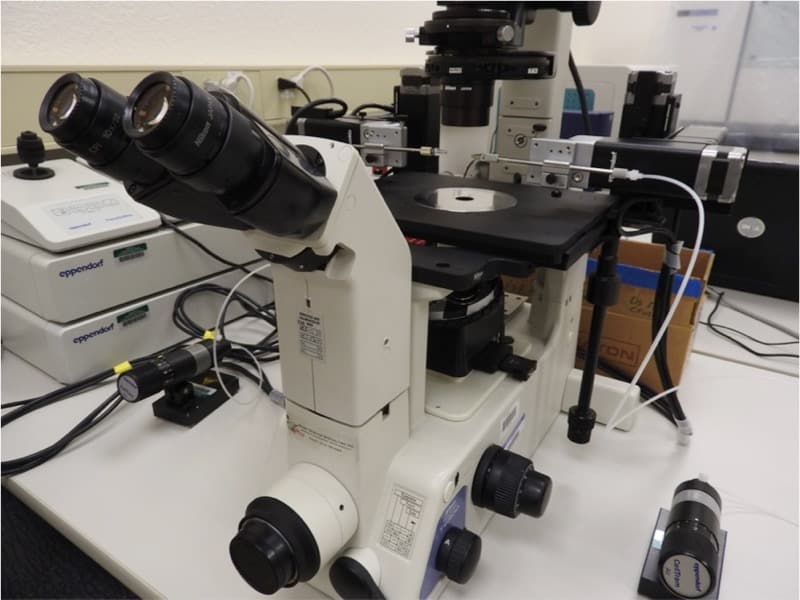 Nikon Eclipse inverted scope equipped with Eppendorf micromanipulators for live cell/tissue sample examination.