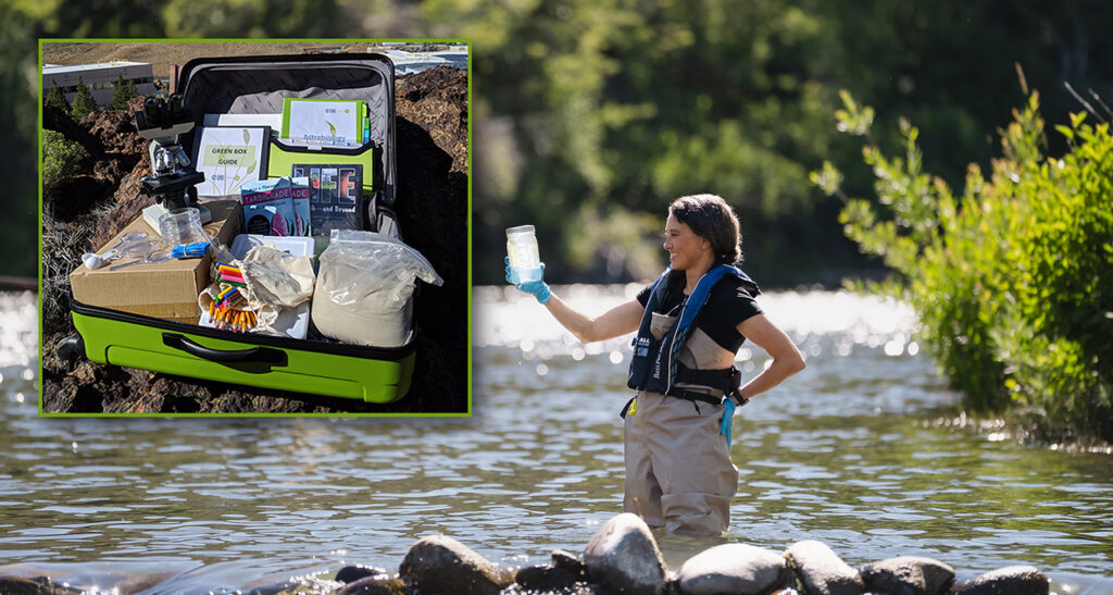 Monica Arienzo in a river looking at a water sample with a overlay of a Green Box kit to educators.