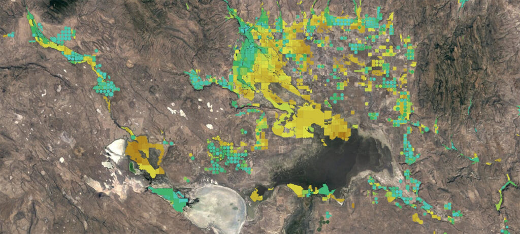 Satellite map of Harney Basin, OR that shows evapotranspiration data.