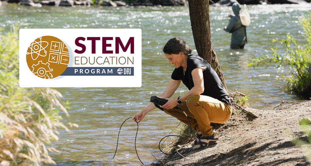 Monica Arienzo on the bank of a river taking a water sample with the STEM Education Program logo overlayed on the image.