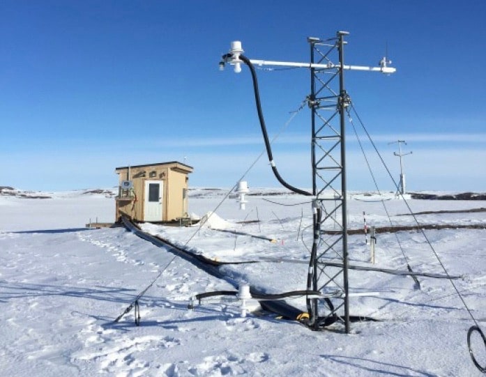 Researchers monitored mercury levels at Toolik Field Station, northern Alaska, in part, with this meteorological tower (foreground). Credit: Daniel Oberist, DRI.