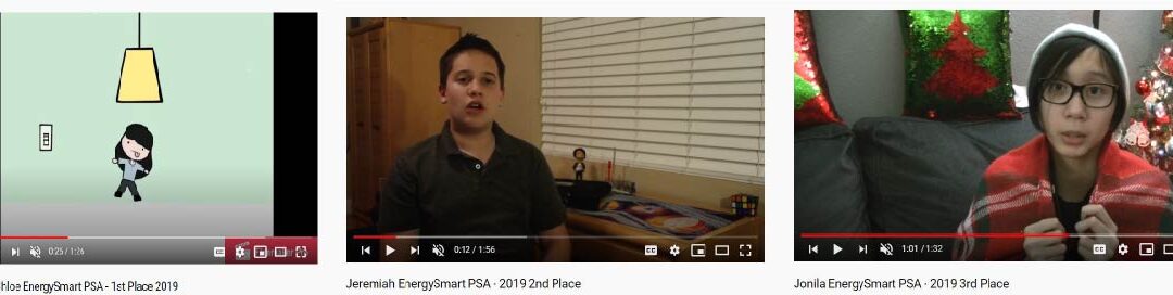 EnergySmart PSA Winners from 2019. Three images, one a cartoon of a girl, another a young boy sitting on a chair and the last a student sitting on a couch.