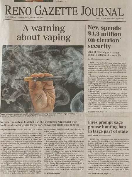 OAL’s e-cigarette research on the front page of Reno Gazette Journal!