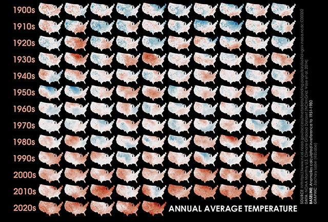 SAR 2025 Vol 2 Cover Image Annual Average Temp Maps 480x323 Collage of US Maps showing the annual average temperature from 1900s through 2020s.