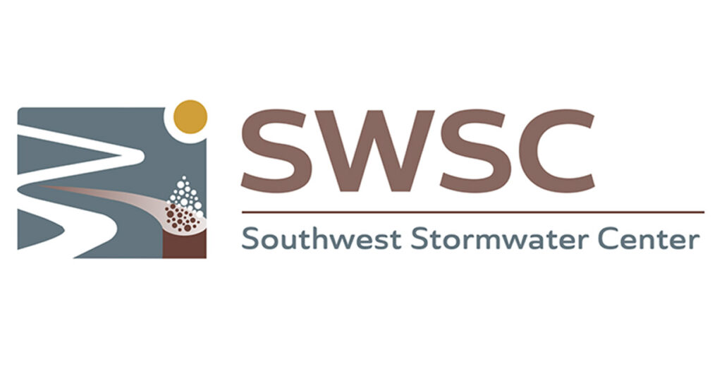 SWSC Southwest Stormwater Center logo of a river with stormwater run off going into a filtering system.