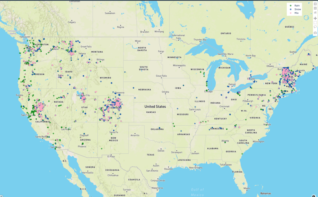 Map of united states with blue, green, and pink dots representing precipitation.