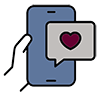 Illustration of a hand holding a cell phone with a text bubble with a heart emoji. 