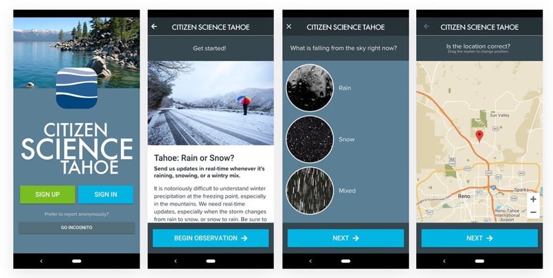 Screenshots of the Tahoe Rain or Snow app