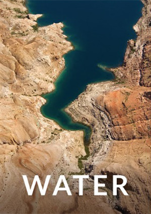 The word Water over an image of Lake Mead with red rocks and greenish water narrowing into a river. 