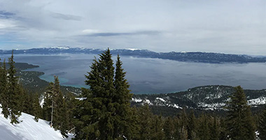 View from a snowcapped mountain of Lake Tahoe