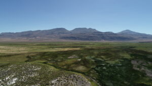 An aerial view of a green valley with mountains in the distance.